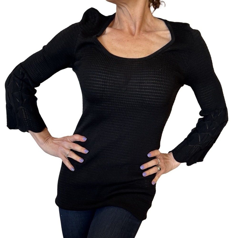 M Missoni Sweater Black Pointelle Wool Textured Stretch Knit Bell Sleeve M/10